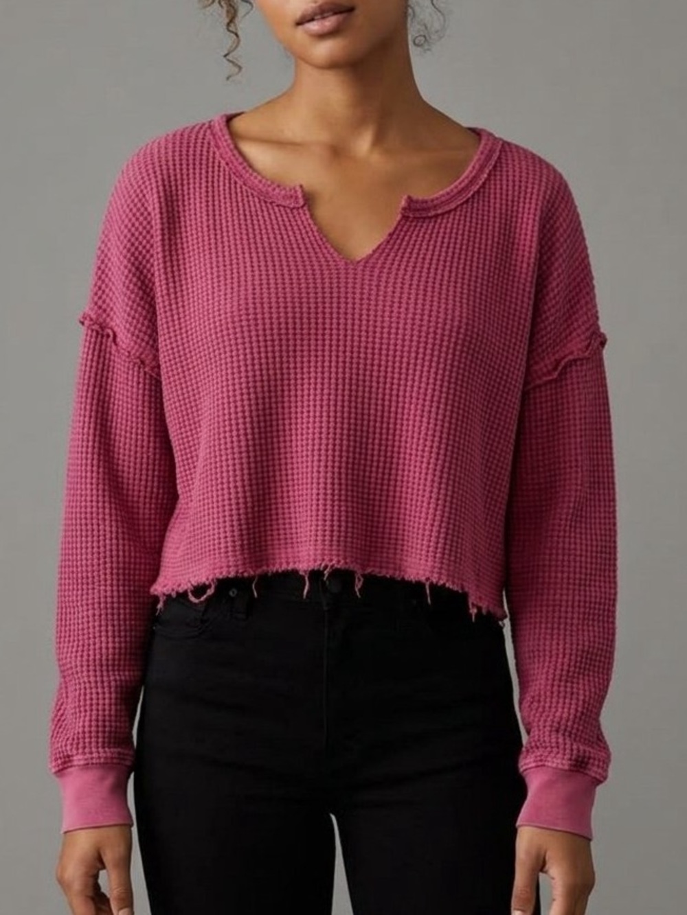 Altar'd State Cropped Waffle V-Notch Sweatshirt - Mauve Pink